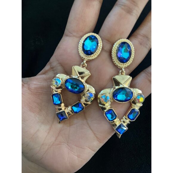 Dark blue earrings , big blue earrings , teal crystal blue Ab earrings teal gold - Picture 3 of 8